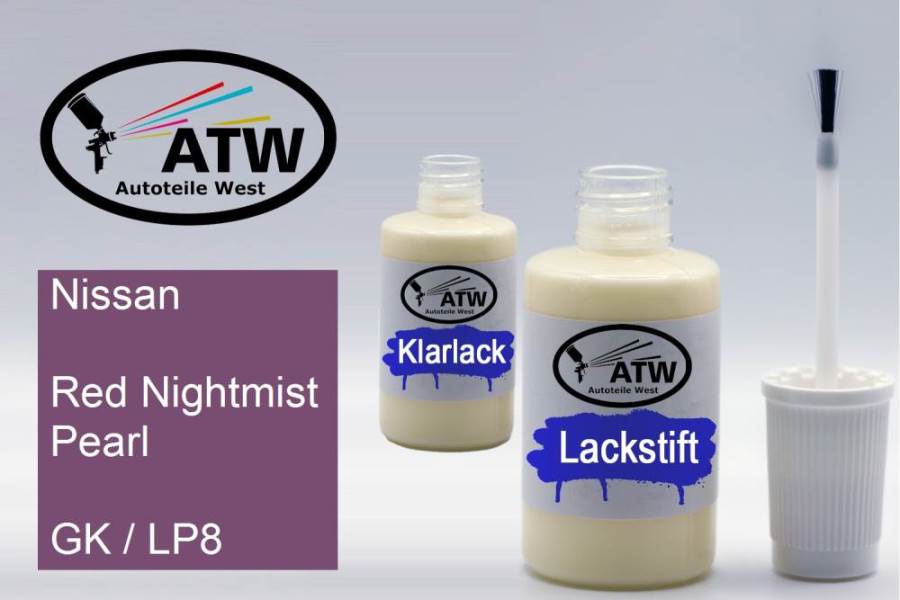 Nissan, Red Nightmist Pearl, GK / LP8: 20ml Lackstift + 20ml Klarlack - Set, von ATW Autoteile West.